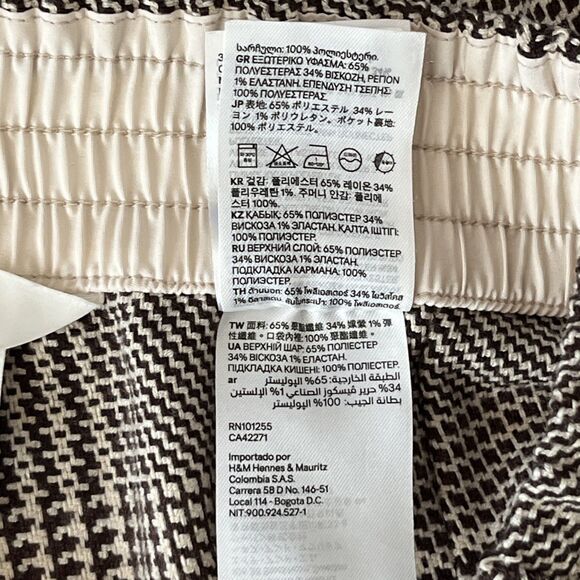 H&M Cream Brown Plaid Wide Leg Elastic Waist Dress Pants Women Size 8 - Picture 10 of 11